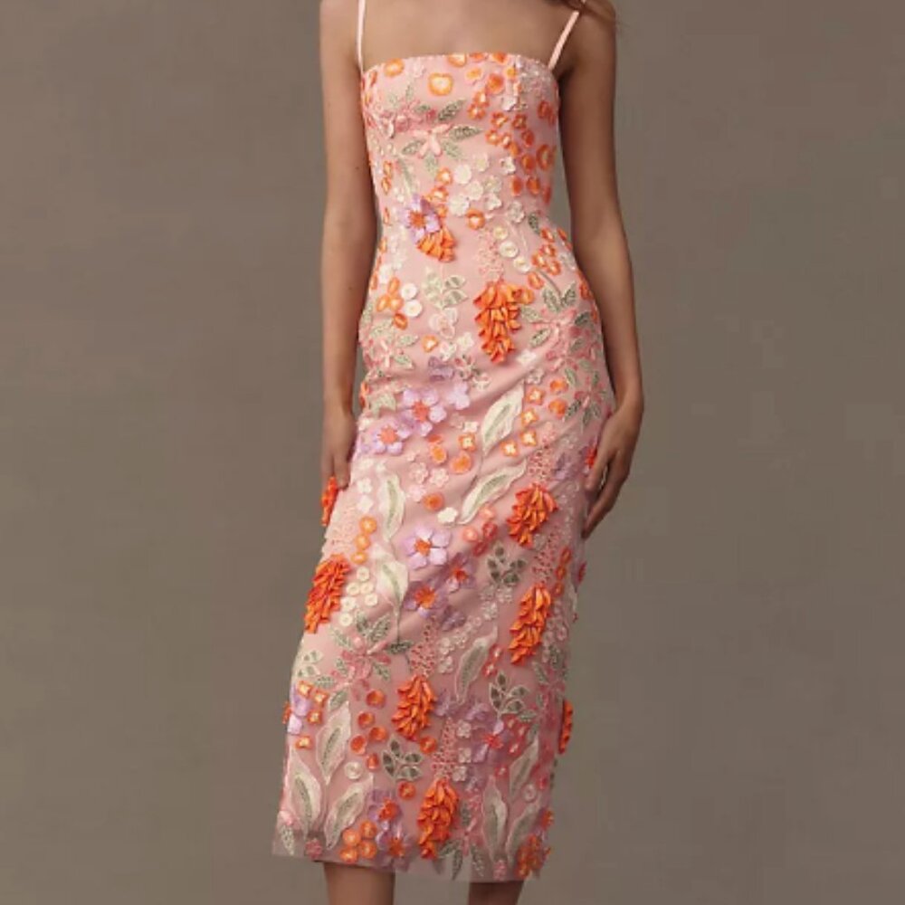 HELSI Gemma Floral Embroidered Midi Dress - Orange and Pink. NWT.